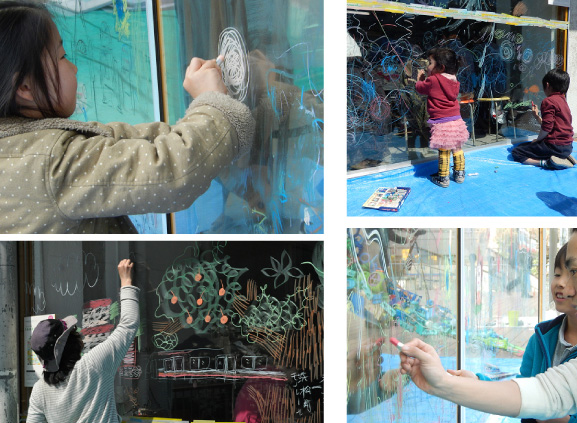 『ARTS & CRAFTS＿GARDEN in 3331』でサダヒロカズノリさんと大きなガラスにお絵かき(2014年3月23日)